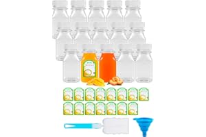 CoKeeSun 15 Pcs Juice Bottles 120ml/4oz Shot Bottles with Lids Reusable Mini Plastic Bottles Set with Funnel, Cleaning Brushes, Stickers for Storing Juices, Drinks, Milk, Water (White Lids)