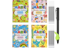Stickerboy 4 Pack Magic Practice Copybook, Grooved Handwriting Books Calligraphy Set with 1 Magic Pen 10 Refills and 1 Grips for Kids Beginners Children - Drawing Math Numbers Alphabet