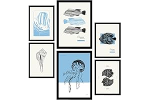 Nacnic Zestaw 6 plakatów w czarnym tuszu morskie stworzenia morskie arkusze oceanu do projektowania wnętrz i dekoracji wnętrz A3 i A4 bez ramki