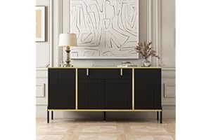 PREMTURE Aparador, aparador Cocina, aparador Salon con 4 Puertas, cómoda, Armario de Cocina, Armario Buffet para Entrada, Cocina, Comedor, Negro, MDF, 160 x 40 x 80 cm