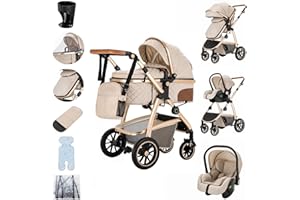 Zkiprm Baby Stroller 3-in-1, Travel System Includes Car Seat, Pushchair and Pram, Compact Stroller with Adjustable Armrests, Impact Protection, Landscape High Aluminum Frame White