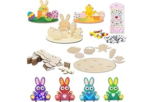 BARVERE Ostern Basteln Kinder, 12 Stück Hasen und Küken aus Holz zum Bemalen, 3D Ostern Bastelset Kinder mit Bunte Mini Pompons und Kulleraugen