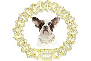 HOTLION Gold Dog Chain, Diamond Cuba Link Dog Collar Metal Dog Necklace Cat Chains Pet Crystal Collars Jewelry for Small Medium Large Dogs Cats, 12-inch