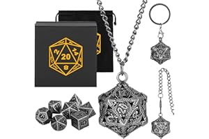 KELLER & WEBER Mini Set de Dados DND con Llavero Portátil, Collar, Cadena para el Bolsillo, Jaula Metálica Hueca D20 Dragón, Mini Set Poliédrico Metálico de 7 Piezas, Regalos D&D con Caja de Regalo, Plata Oscura