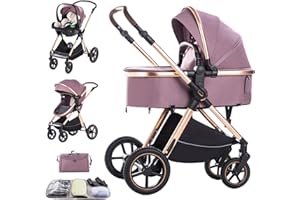 Shineey 3 in 1 Baby Stroller with Height Adjustable Handle,3 in 1 Prams Travel System, Lightweight Foldable Pushchair, Prams with Aluminum Frame for Portable Baby Carriage (D2 Purple, H2-D)