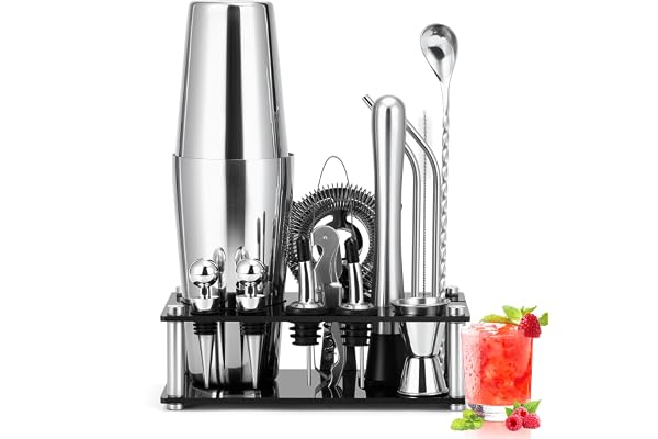 Cinnani 750 ml Boston cocktailshakerset med stativ, cocktailtillbehör i 15 delar, bartenderset, barverktygsset, professionell blandningsset