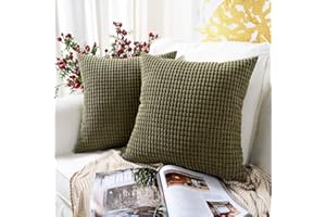 MERNETTE Pack of 2, Corduroy Soft Decorative Square Throw Pillow Cover Cushion Covers Pillowcase, Home Decor Decorations For Sofa Couch Bed Chair 18x18 Inch/45x45 cm (Granules Olive Green)
