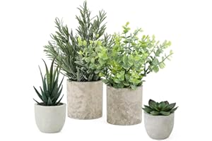 Veryhome 4PCS Artificial Plant in Pots Fake Succulents Plants in Pulp Pots Faux Eucalyptus Rosemary Topiary Shrubs Potted for Home Decorative Home Accessories Desk Living Room Decor