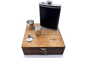 Regali originali da uomo, set di fiaschette, bicchieri e imbuto. Fiaschetta di alcool, whisky, jack daniels. In elegante scatola di legno, Shernax.