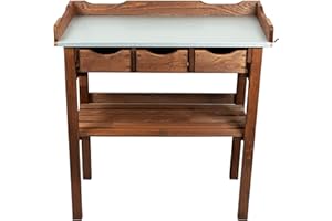 mgc24® Pflanztisch mit verzinkter Arbeitsplatte - 78x38x82cm aus Kiefernholz Dunkelbraun, mit Abstellboden / 3 Schubladen / 3 Haken - für Garten Balkon Terrasse