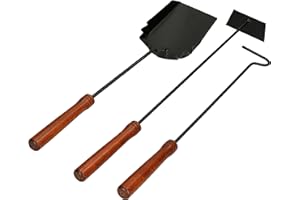 KOTARBAU® Kit de 3 accesorios para chimenea, 3 herramientas: pala, atizador y rascador de ceniza, Utensilios de metal con mango de madera, Cubiertos de estufa, barbacoa, Color negro, 3 UNIDADES