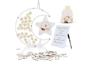 Garqitwan Libro degli ospiti per baby shower, libro degli ospiti, in legno, a forma di luna, decorazione in legno, per battesimo, ragazza e ragazzo, con libro degli ospiti, battesimo, compleanno