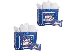 Happy Birthday Bags, Hard Paper Birthdays Gift Bag, Gift Wrap Bags Set with Greeting Card Tissue Paper and Handle, Perfect for Party, Birthday, Goodie, Treat, Present Supplies, Colorful Dots, 2Pcs 13"