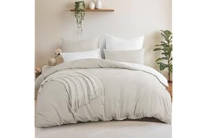 Aisbo Pościel 200 x 220 cm, 3-częściowa, beżowo-biała – komplet pościeli 1 poszwa na kołdrę 200 x 220 cm + 2 poszewki na poduszkę 80 x 80 cm, Öko-Tex, dwustronna pościel, miękka mikrofibra z zamkiem