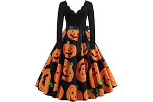 ZYUEER Robes Femmes Halloween Citrouille Vintage Imprimé Dentelle Manches Courtes Grande Jupe Swing Chic Vêtements Deguisement Noël Femme Robe de Cocktail Pas Cher (S - 2XL)