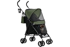 PawHut Pet Stroller for Miniature Dogs, Foldable Dog Stroller with Shoulder Strap, 4 Wheels Pet Pram with Storage Bag, Cup Holder, Dark Green