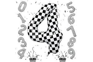 ISNDARE Large Foil Number 4 Balloons, 40 Inch Black and White Checkered 4 Balloon for Boys, Helium Self Inflating Checkered Racing 4 Balloons for Kids Girl 4th Birthday Race Car Flag Party Decoration Supplies