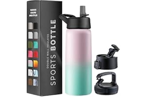 GARUET 750ml Triple Walled, Insulated Water Bottles with Straw - Stainless Steel Metal Bottle W/ 3 Leak Proof Lids - for Travel, School, Sports, Gym/Men, Women (Dreamy Pink-Green)