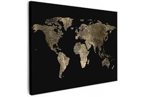 MuchoWow© Wall Pictures 80 x 60 cm Living Room Wall Decoration Bedroom Room Decoration Wall Art Photo Wall Picture World Map Gold/Black