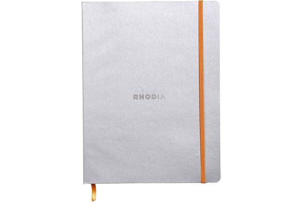 RHODIA 117501C - Cahier Souple Argent - 19 x 25 cm - Ligné - 160 pages - Papier Clairefontaine Ivoire 90 g/m² - Marque-Page, Fermeture Élastique - Couverture Simili Cuir - Collection Rhodiarama