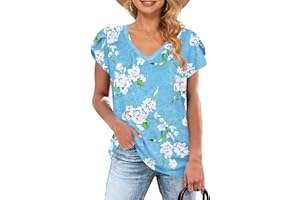 WNEEDU Mujer Camisetas Verano Básico Tops Petal Manga Corta V Cuello Camisa Casuale