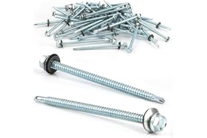 NENULL 50 pcs Viti Autofilettanti per Metallo 6,3 X 100 mm Viti Autoperforanti Viti Autoforanti Cappellotti per Lamiere Grecate Viti Esagonali Con Rondella di Tenuta Zincata in Acciaio Inox (Argento)