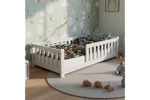 ‎JUSKYS Juskys Kinderbett Naya - 90x200 cm Bett mit Rausfallschutz & Lattenrost - Holz Bodenbett für Kinder 3-10 Jahre - modernes Bettgestell Weiß