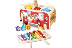 JOFLVA Xilofono,Giocattolo Di Martellamento In Legno E Giocattolo Da Traino 4 In 1,Giocattolo In Legno,Giocattolo Educativo Per Bambini, Giocattolo Montessori A Partire Da 1 2 3 4 anni,Regalo Bambino.