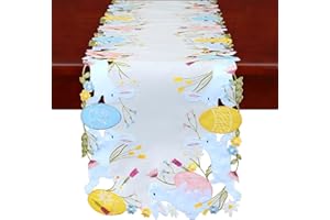 Simhomsen Embroidered Colorful Eggs and Bunny Table Runners Easter Holiday or Spring Season (14 x 88 inches), Cream