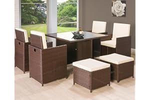 RATTAN 247 9 Piece Deluxe Rattan Garden Furniture Set, 4 Armchairs, 4 Stools, Cube Dining Table (Brown)