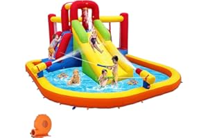 Baralir Bouncy Castle Inflatable Water Slides for Kids, Inflatable Water Park with Slide, Splash Pool, Double Water Cannon, 2 Climbing Wall, Obstacles, Blow Up Jumping Castle with Blower