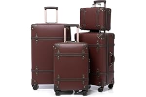 urecity Vintage Luggage Sets for Women Men, PU Leather Retro Suitcase Set, Vintage Carry On Luggage, Cute Vintage Trunk Luggage Sets 4PCS (Caramel Brown, 4 Pcs Set)