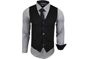 Subliminal Mode - Gilet + Chemise + Cravate Homme Col Bicolore Uni Manches Longues Coupe Ajusté Business Repassage Facile RN33