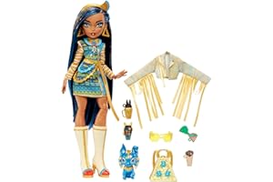 Monster High - Cleo de Nile, bambola snodata alla moda, dai capelli con ciocche blu e oro, con accessori e cagnolino, Giocattolo per Bambini 4+ Anni, HHK54