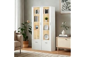 Joiemebi Vitrina LED con Puerta Y Estantes de Cristal, Luces para Armario de Almacenamiento, para Salón De Oficina, 42 x 30 x 160 cm (2, Blanco)