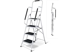 Aidapt 4 Stepladder with Dual Handrails, Folding, Space Saver, Extra Wide Rubber Treads, Non-Slip Rubber Feet, Durable Steel, for Home DIY, Gardening, Workplace, Kitchen Step Stool,