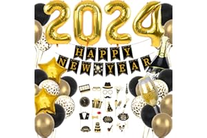 IWHEAT Silvester Deko 2024, Neujahr 2024 Dekorationen, Schwarz Gold Neujahr Dekoration Set mit Happy New Year Girlande, Zahlen 2024 Folienballon, 2024 Silvester Dekoration Partyzubehör