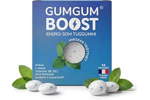 Gumgum Boost - Sugar-free Energizing Chewing Gum with Vitamins B6 & B12 – Natural Caffeine & L-Theanine – Energy, Concentration & Vigilance – Fresh Mint Flavour – Vegan Supplement – 54 Chewing Gums