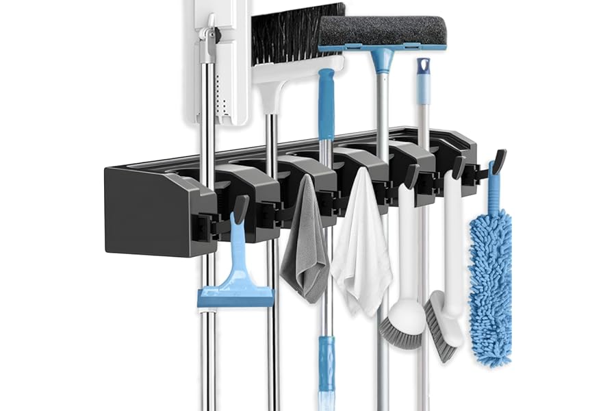 AceMining Broom Holder Wall Mounted, 5 Holders and 6 Hooks Mop Holder, ABS Plastic Brush Holder, Thick and Durable Mop Broom Storage, Garden Hanging Tool, Black