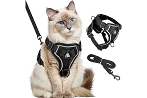 GlasFlength Katzengeschirr mit Leine Ausbruchsicher, Katzenleine mit Geschirr für Katzen Verstellbar Katzen Geschirr Set Cat Harness Softgeschirr für Katze mit Reflektierenden Streifen (Schwarz-M)