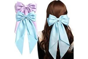 FNZBSY 2 Pcs Big Hair bow,Hair Bows for Women, Bow Hair Clip, Elegant Solid Color French Barrette Bows For Hair With Long Silky Satin Hair Barrettes Accessories Bow Hair Clips for Women Girls (Blue+Lilac)