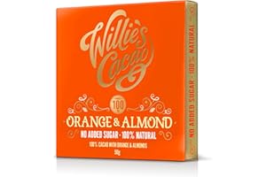 Willie's Cacao - 100% Cocoa with Orange & Almond - No Added Sugar Chocolate bar - 50g - Naturally sweetened with fruit and nuts - Vegan - Artisan made