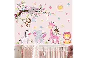 wondever Pegatinas de Pared Animales Rosa Rama Árbol Adhesivos Pared Decorativos Animales de la Jungla Jirafa Elefante Vinilos Pared para Habitación Niña Infantiles Bebés Guardería