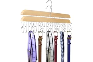 ManGotree Belt Hanger for Closet, Wooden Belt Holder with 12 Hooks, Space Saving Belt Rack, Sturdy Wood Belt Storage Organizer for Belts, Ties, Scarves, Hats, Accessories, 2 Pack (Natural)