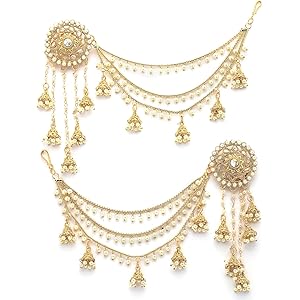 Sukkhi Creative Traditional Indian Fashion Gold Plated Multi Layer Pearls Ear Chain with Jhumka/Jhumki Earring Jewellery for Women & Girls|E107327