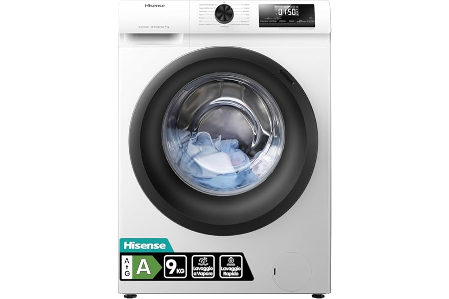 Hisense WFQE9014EVJM 9kg Front Load Washing Machine Class A Steam 15 Programs Inverter Motor 15 Inches Quick Schedule Pauses & Adds Basket Cleaning LED Display White
