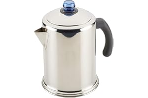 Farberware Classic Stainless Steel Coffee Percolator, 12 Cup, Silver with Glass Blue Knob, 7.28" D x 8.86" W x 10.83" H