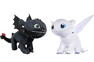 TESTEL HTTYD Dragons, como Entrenar a tu dragón - Pack 2 Peluches Furia Luminosa (Light Fury) + Desdentao (Toothless) - Calidad Super Soft 11'80"/30cm (40cm Cola incluida)