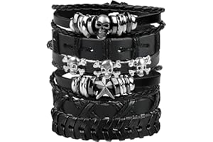 QOCO 6 Pcs Skull Black Braided Leather Bracelets Set for Men Punk Wrist Bracelets Adjustable with Stainless Steel Ornaments Punk Jewelry for Men Women