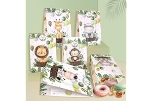 Heboland Sacchetti di Carta per Bambini, 24Pcs Sacchetti Regalo Animali con 30 Adesivi, Sacchetto Regalo Giungla per Confezionare Regali, Regali di Compleanno per Bambini, Feste